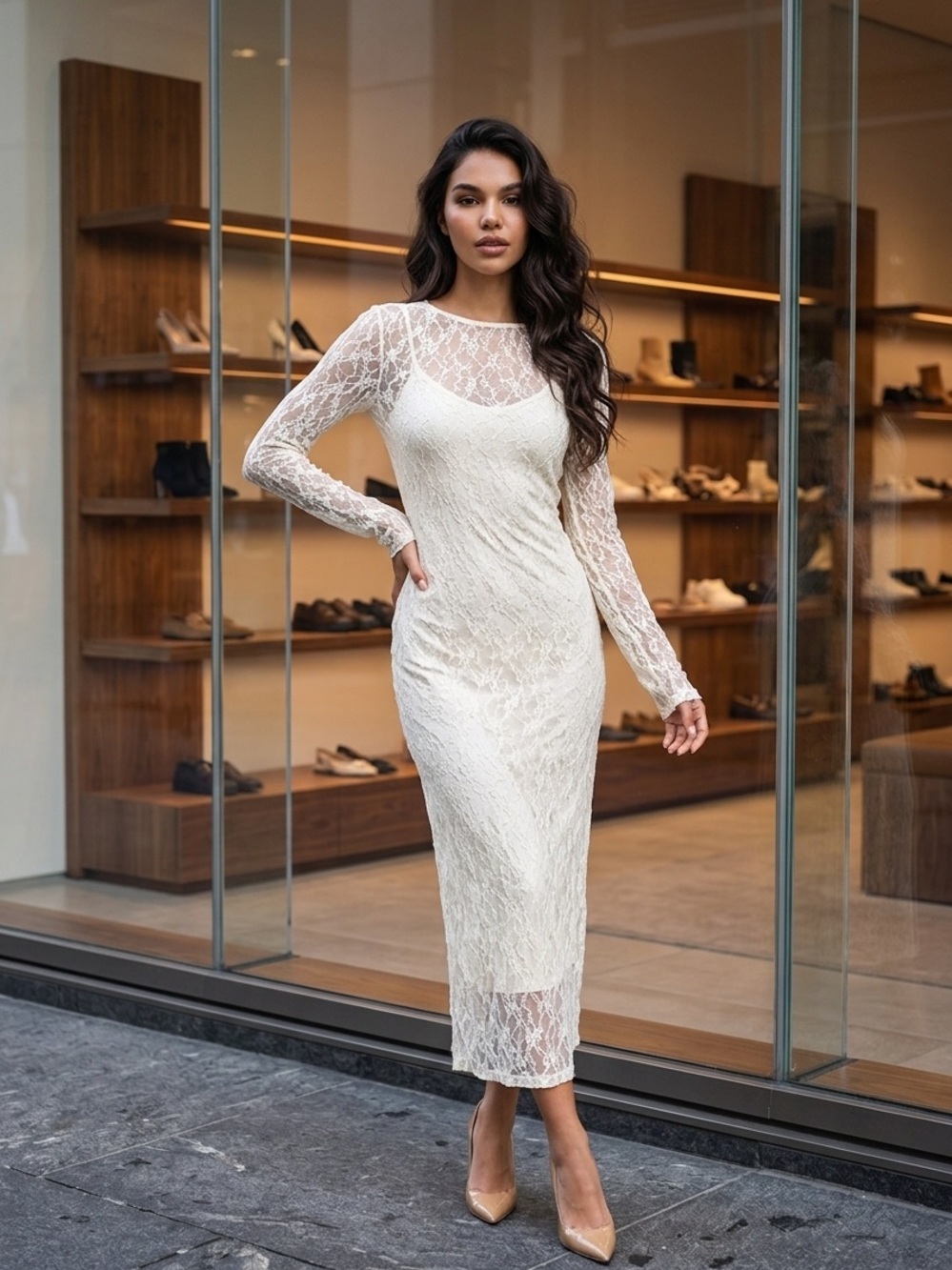 Long-Sleeve White Lace Midi Dress for Women